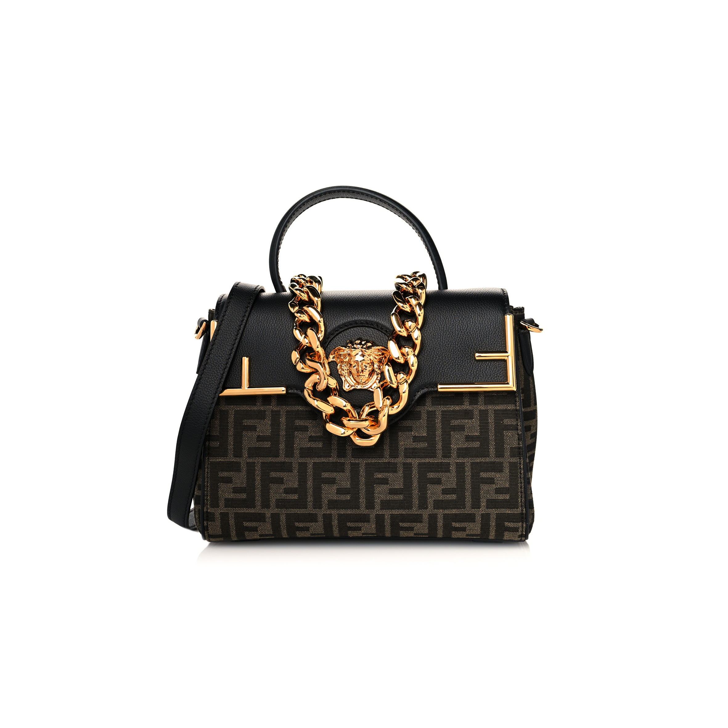 FENDI X VERSACE GRAINED CALFSKIN FENDACE  LA MEDUSA TOP HANDLE BAG BLACK BROWN (25*22*15cm) 